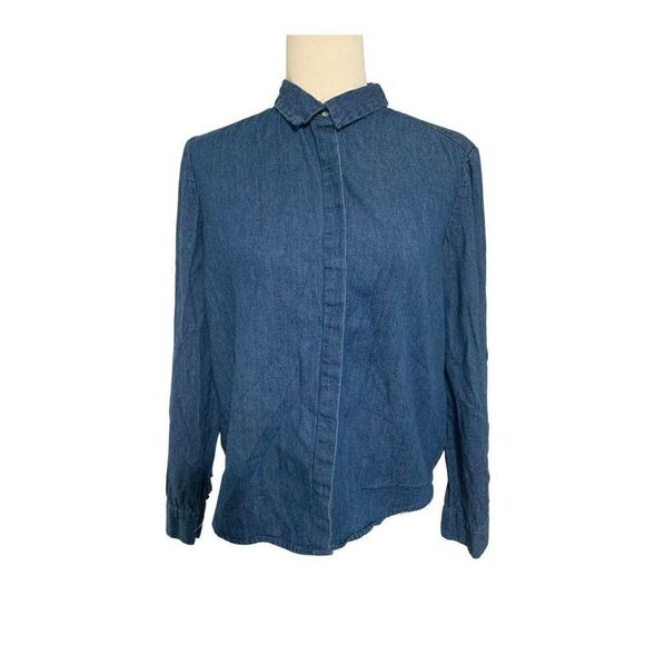 zara womens solid blue denim jean long sleeve button down top medium - Picture 1 of 4